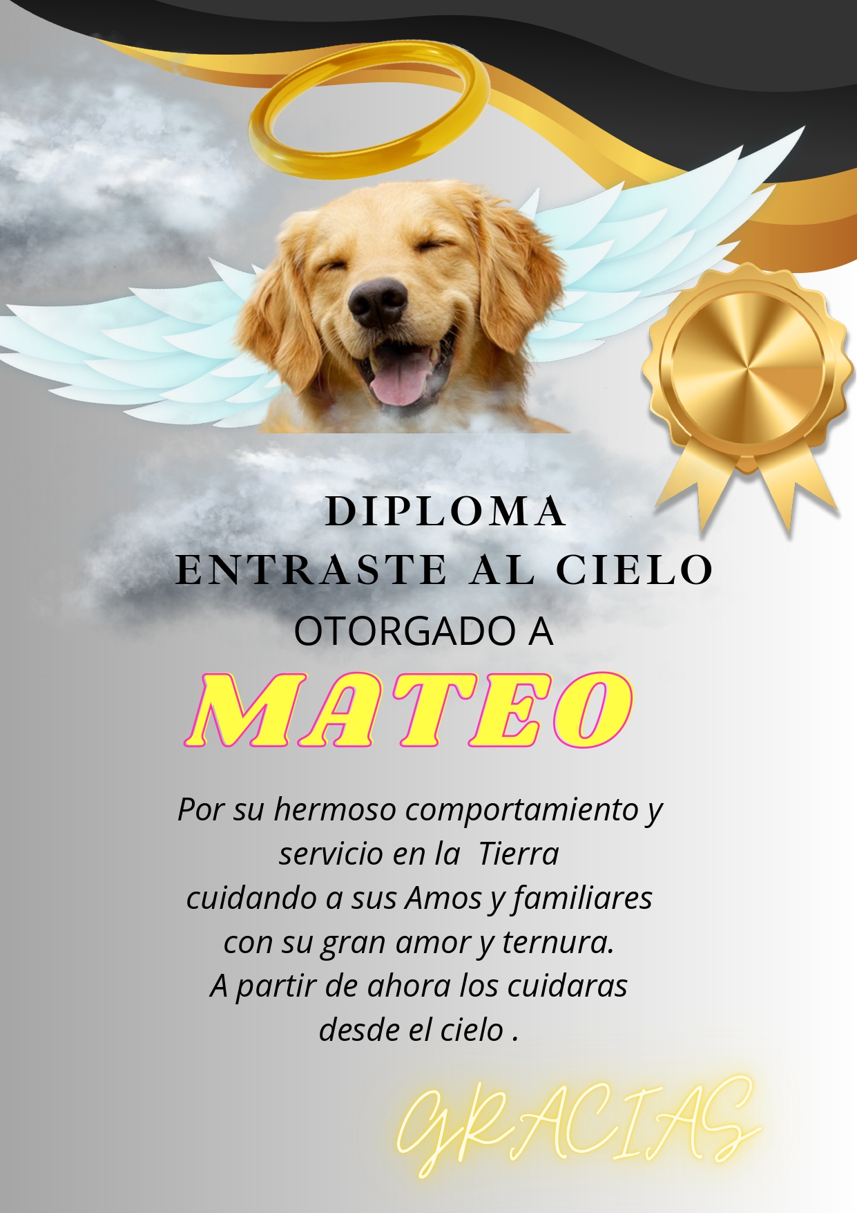 Diploma entrada al cielo personalizado con la foto de tu mascota